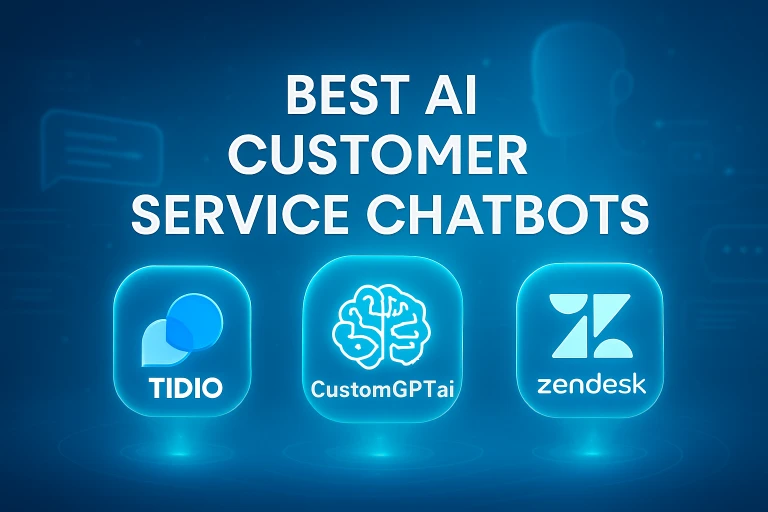 Best Niche AI Tools 2025 – Tidio, CustomGPT.ai, Zendesk Logos on Futuristic AI Background