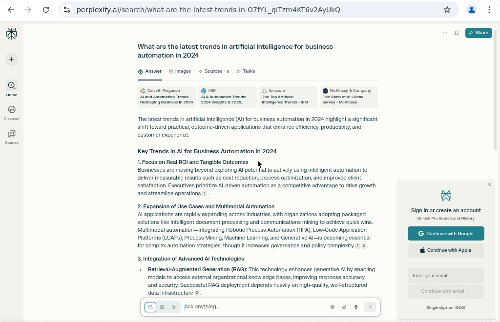 Perplexity AI Review 2025 screenshot showing latest AI trends in business automation including focus on ROI, multimodal automation, and advanced AI technologies like retrieval-augmented generation.