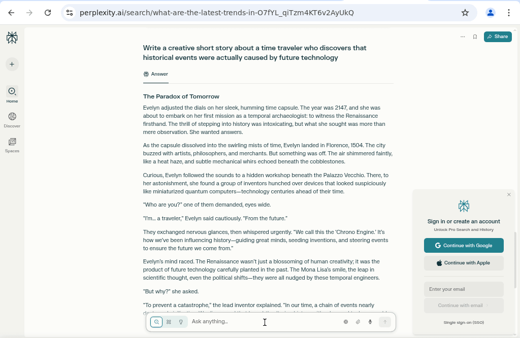 Perplexity AI Review 2025 screenshot showing a creative short story about a time traveler discovering historical events influenced by future technology during the Renaissance.
