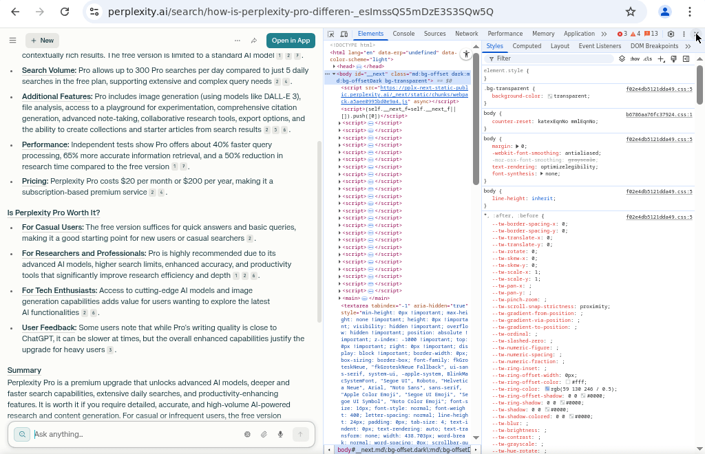 Perplexity AI Review 2025 screenshot showing feature breakdown of Perplexity Pro including search volume, additional features, performance, pricing, and suitability for different user types.
