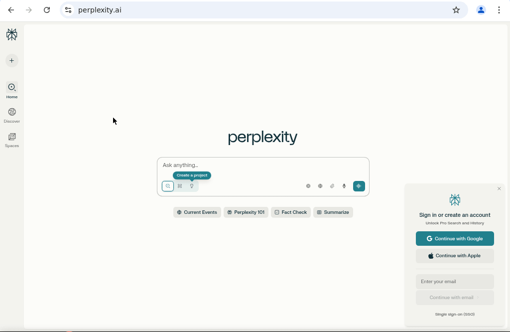 Perplexity AI Review 2025 search interface with project creation option and sign-in choices