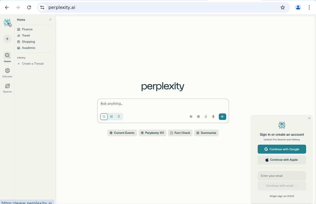 Perplexity AI Review 2025 homepage view with search bar and sign-in options