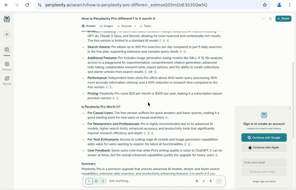 Perplexity AI Review 2025 screenshot showing Perplexity Pro's benefits including higher search volume, additional features like DALL-E image generation, faster performance, pricing, and suitability for various user types.