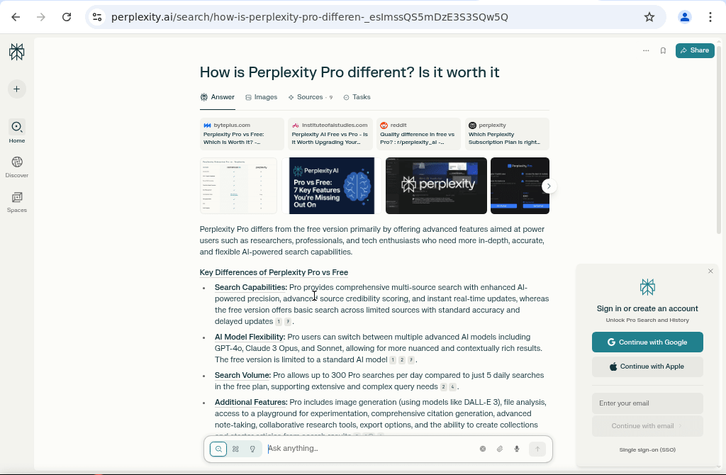 Screenshot of Perplexity AI Review 2025 showing comparison of Perplexity Pro vs Free with features like search capabilities, AI model flexibility, search volume, and additional tools.