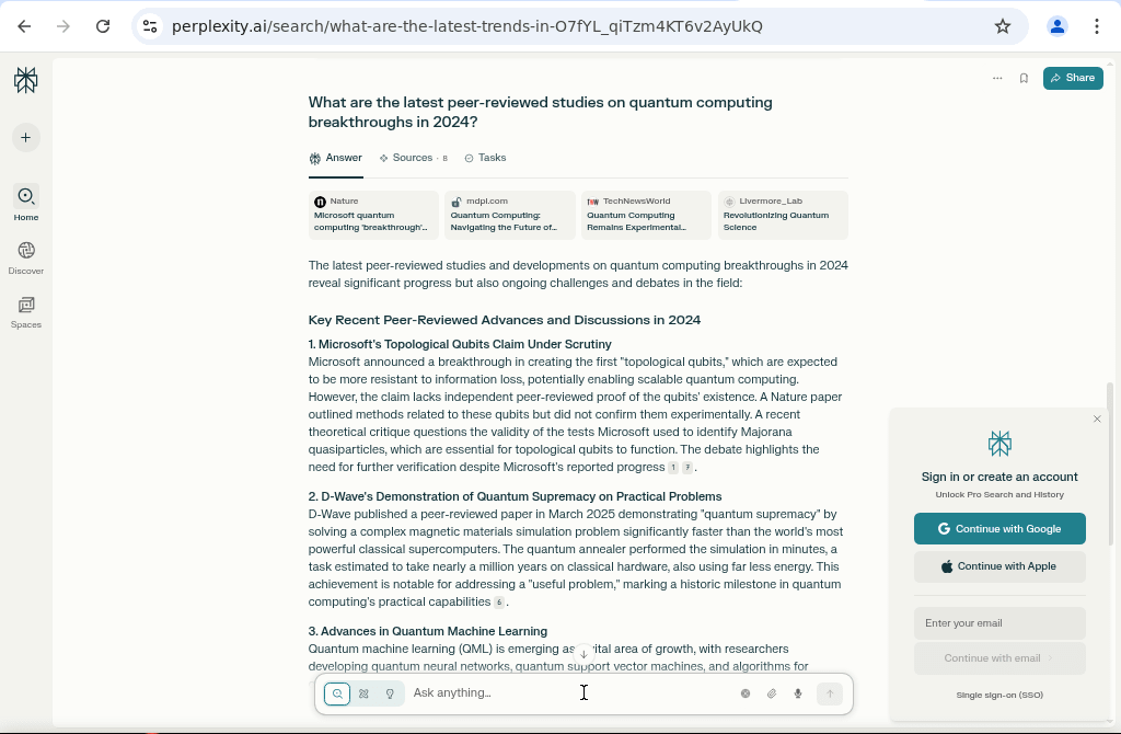 Perplexity AI Review 2025 showing query results on latest quantum computing breakthroughs in 2024