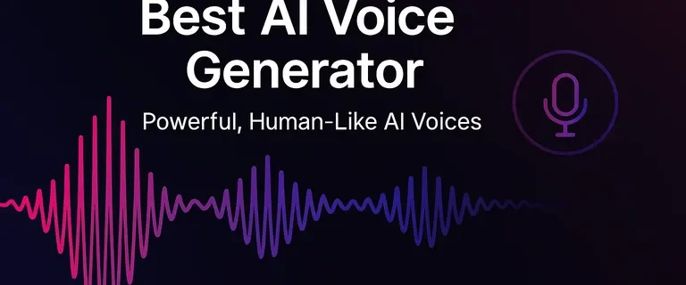 Banner displaying “Best AI Voice Generator – Powerful, Human-Like AI Voices” with ElevenLabs logo and soundwave graphic on a dark background.