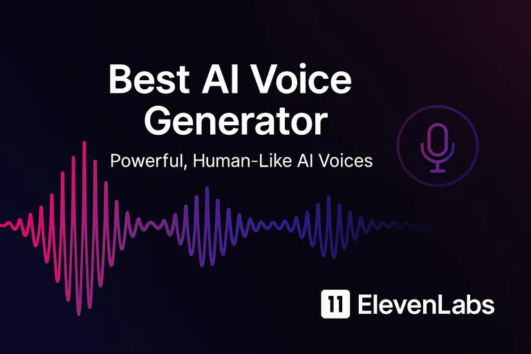Banner displaying “Best AI Voice Generator – Powerful, Human-Like AI Voices” with ElevenLabs logo and soundwave graphic on a dark background.