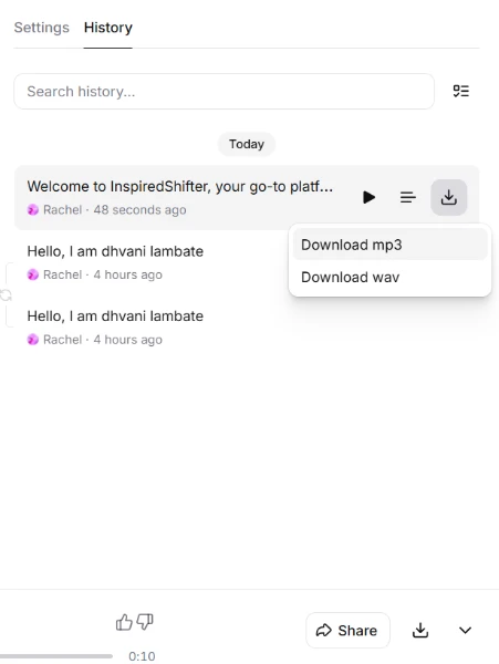 ElevenLabs audio project history with generated voice files and playback/download buttons