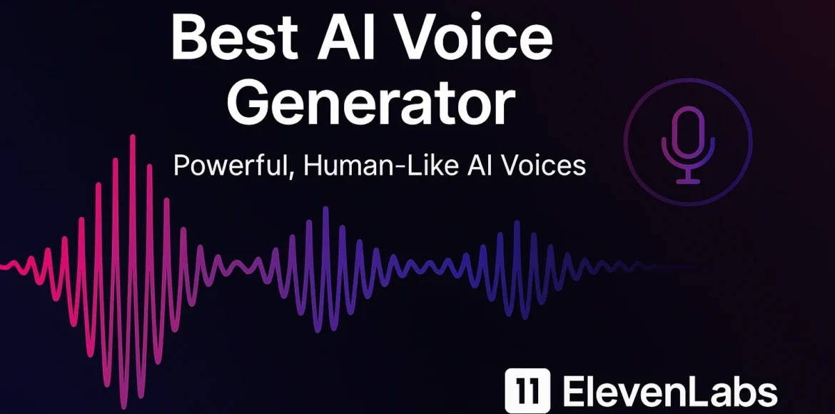 Banner displaying “Best AI Voice Generator – Powerful, Human-Like AI Voices” with ElevenLabs logo and soundwave graphic on a dark background.