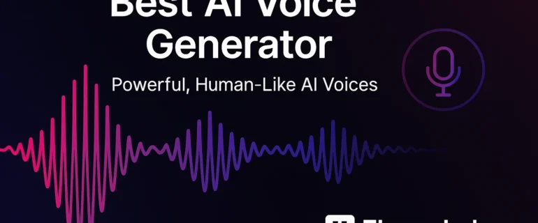 Banner displaying “Best AI Voice Generator – Powerful, Human-Like AI Voices” with ElevenLabs logo and soundwave graphic on a dark background.