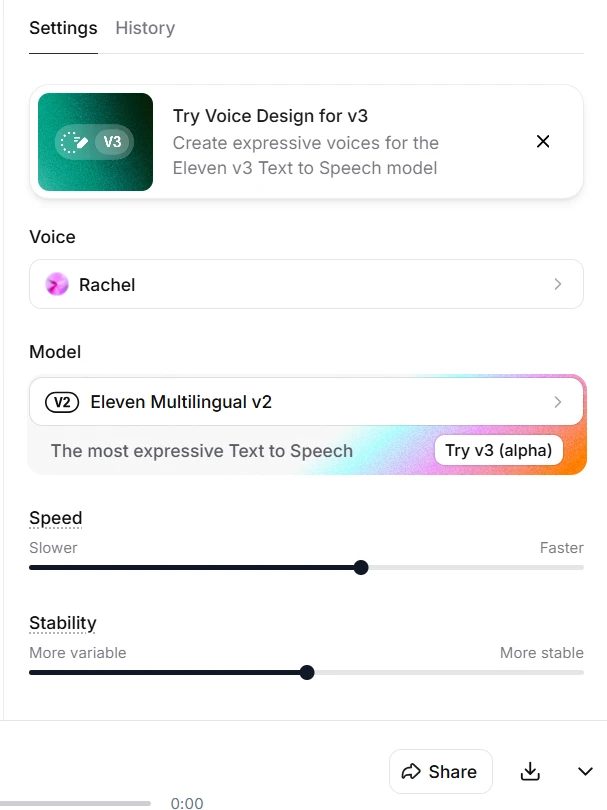 ElevenLabs settings panel with voice model options and stability slider controls