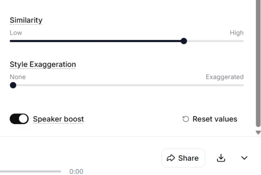 ElevenLabs VoiceLab interface showing sliders for customizing voice similarity and speaking style