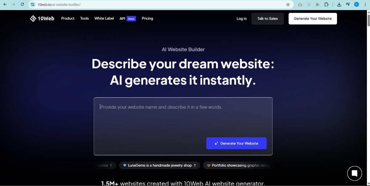 10Web AI Website Builder interface for instant AI-generated websites in 2025.