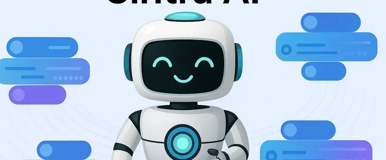 Sintra.ai Review - Friendly white and teal robot mascot with glowing smile surrounded by blue and purple digital interface elements representing AI automation technology.