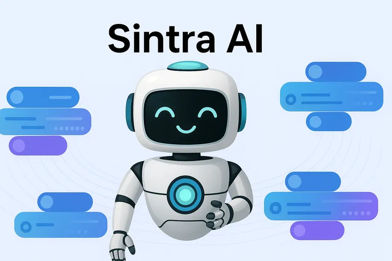 Sintra.ai Review - Friendly white and teal robot mascot with glowing smile surrounded by blue and purple digital interface elements representing AI automation technology.