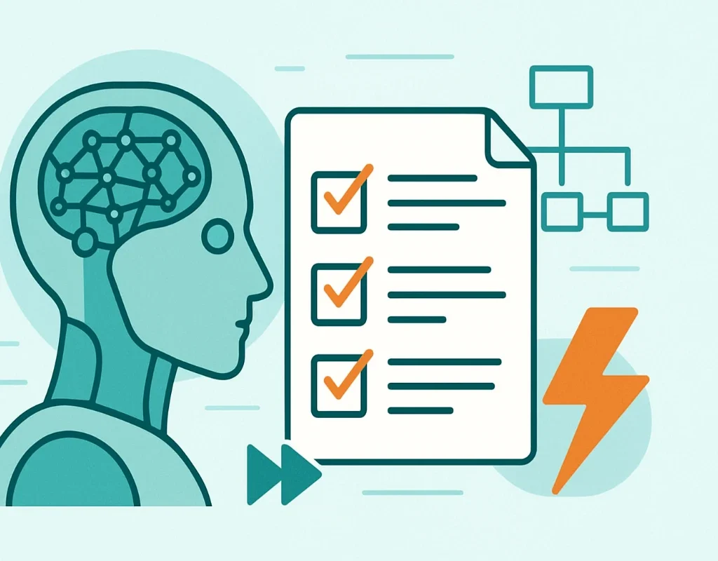 Illustration of AI-powered business plan with checklist, neural network, and automation symbols.
