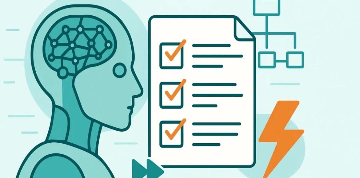 Illustration of AI-powered business plan with checklist, neural network, and automation symbols.