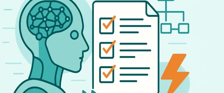 Illustration of AI-powered business plan with checklist, neural network, and automation symbols.