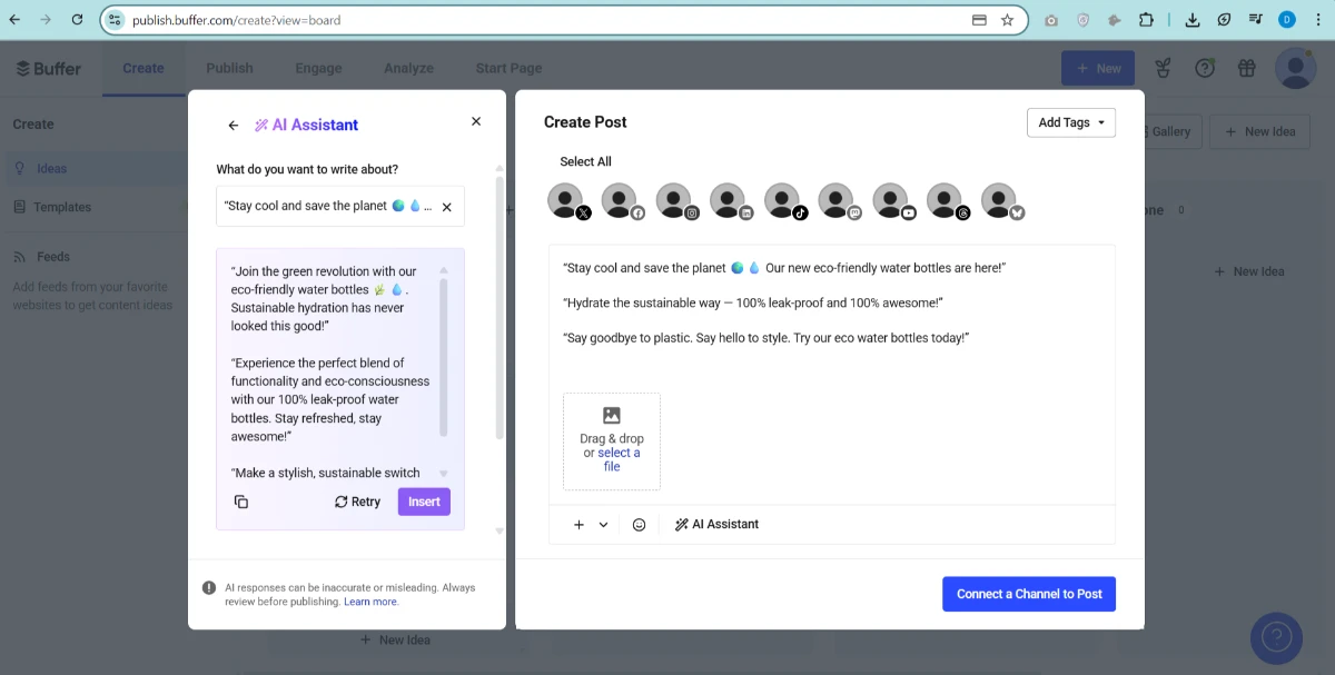 AI-generated social media post preview in Buffer dashboard