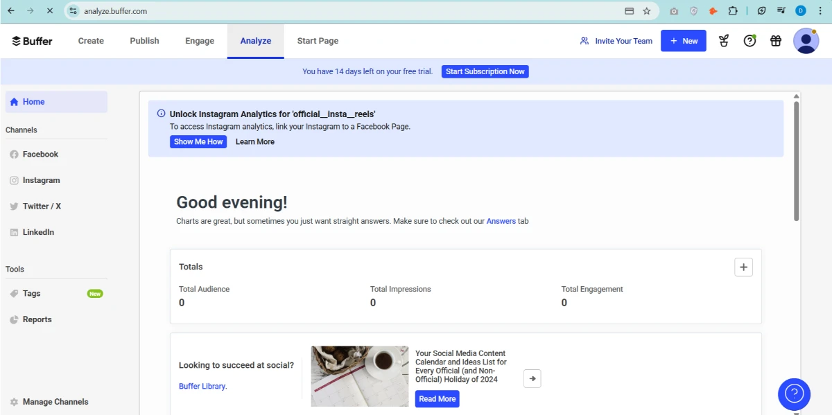 Social media analytics dashboard in Buffer