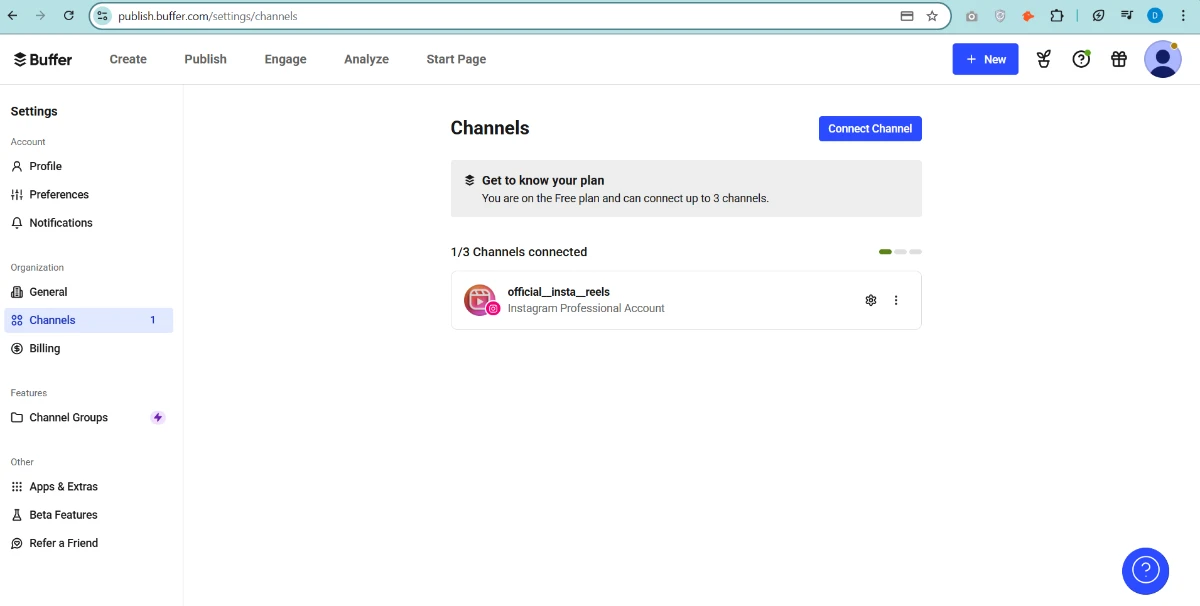 Connected social media channels in Buffer