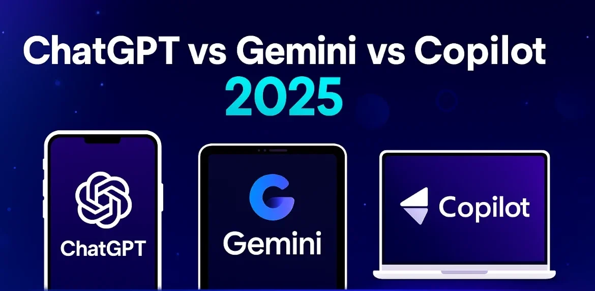 Business professional analyzing AI tools on smartphone with digital interface overlay: ChatGPT vs Gemini vs Copilot comparison