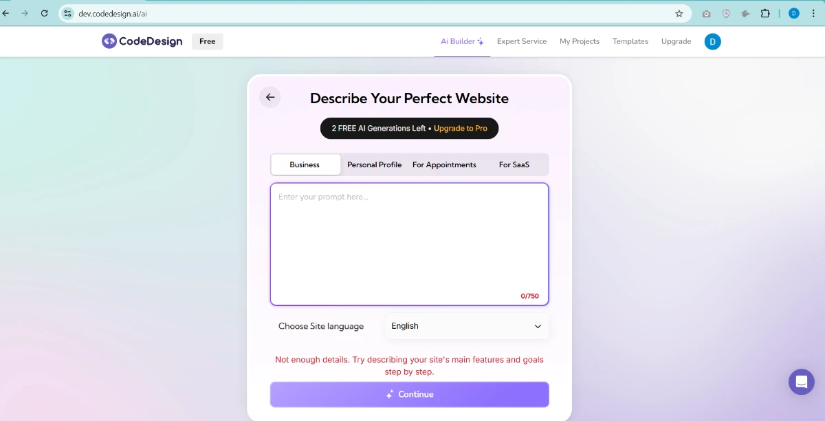 CodeDesign AI Builder interface for creating a custom site — featured in Best AI Website Builders in 2025 guide.
