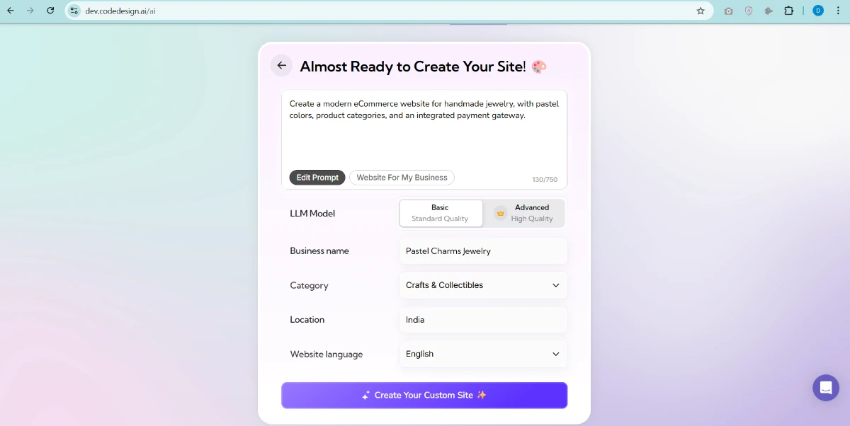 CodeDesign AI website creation setup screen for Pastel Charms Jewelry — featured in Best AI Website Builders in 2025 list.