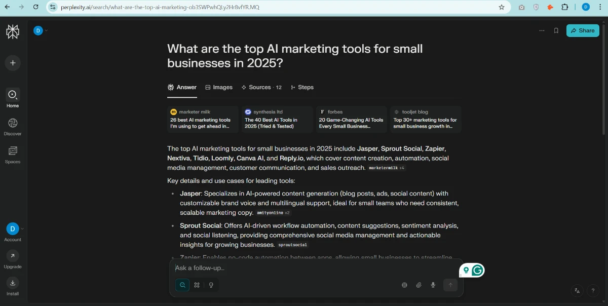 Perplexity AI Review 2025 screenshot showing top AI marketing tools for small businesses in 2025 including Jasper, Sprout Social, Zapier, Nextiva, Tidio, Loomly, Canva AI, and Reply.io with their key features.
