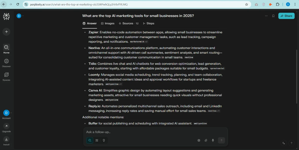 Perplexity AI Review 2025 screenshot listing top AI marketing tools for small businesses including Zapier, Nextiva, Tidio, Loomly, Canva AI, Reply.io, and Buffer with key features.