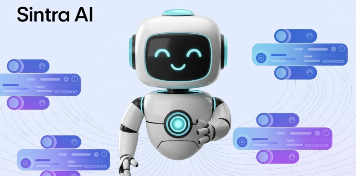 Sintra.ai Review - Friendly white and teal robot mascot with glowing smile surrounded by blue and purple digital interface elements representing AI automation technology.