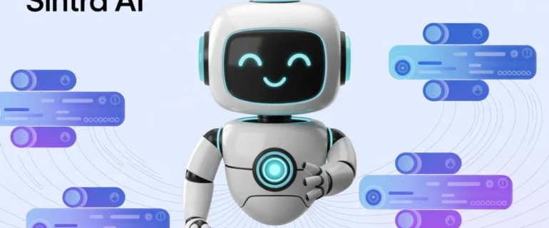 Sintra.ai Review - Friendly white and teal robot mascot with glowing smile surrounded by blue and purple digital interface elements representing AI automation technology.
