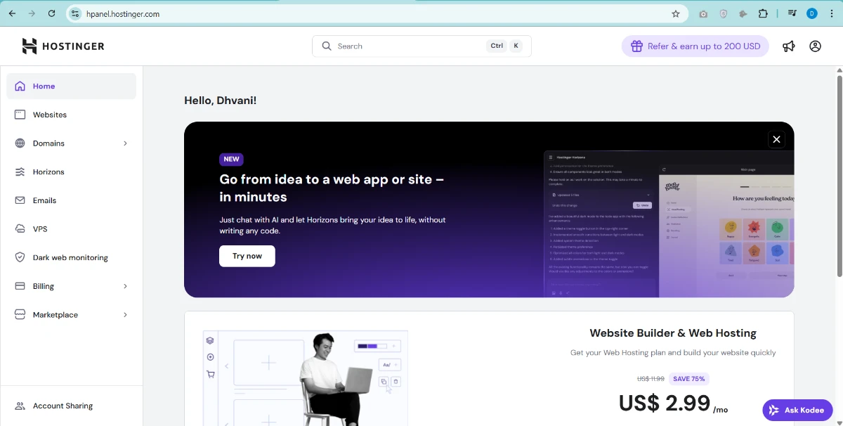 Hostinger AI Website Builder pricing plans for 2025 – free, starter, and premium options.