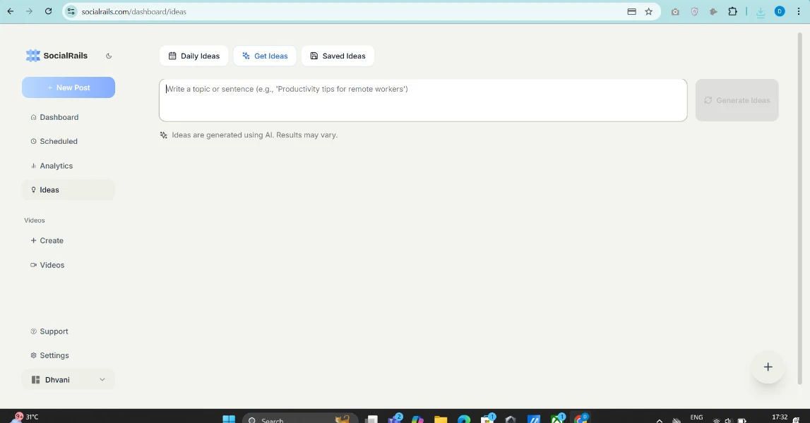 SocialRails content ideas generator for daily and AI-powered post suggestions.
