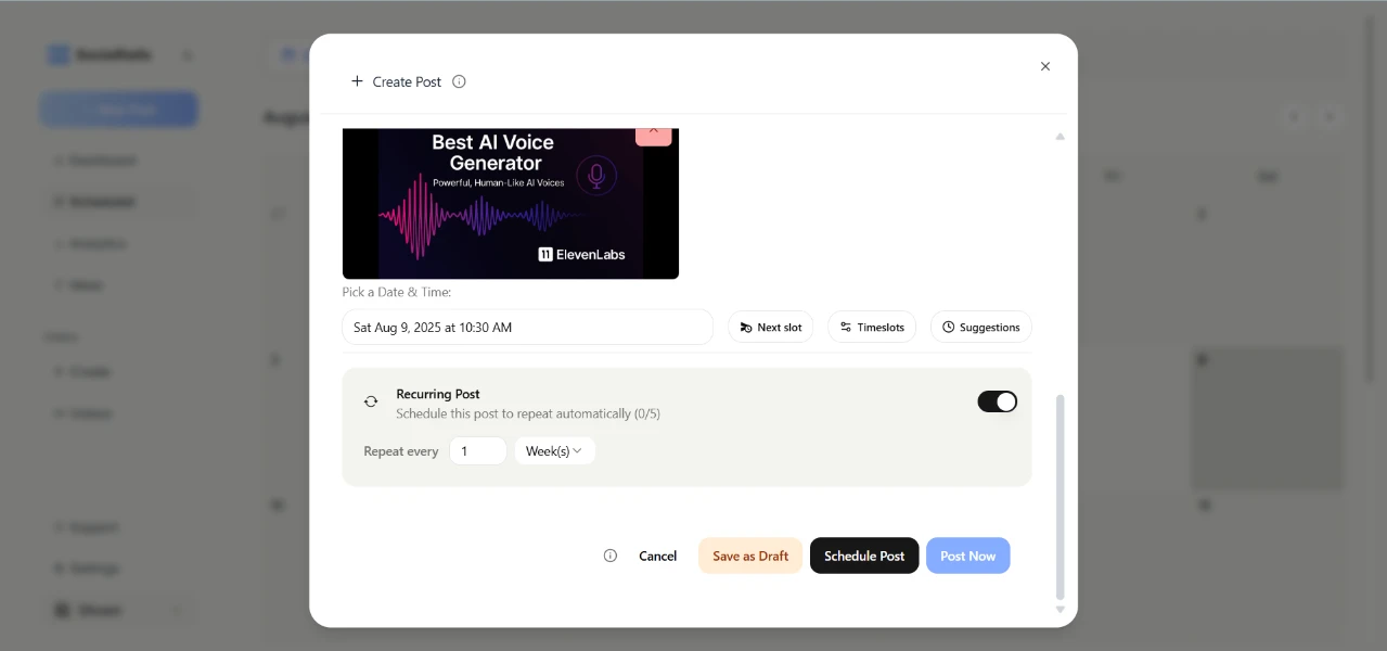 AI-powered scheduled post preview for solopreneurs in SocialRails.