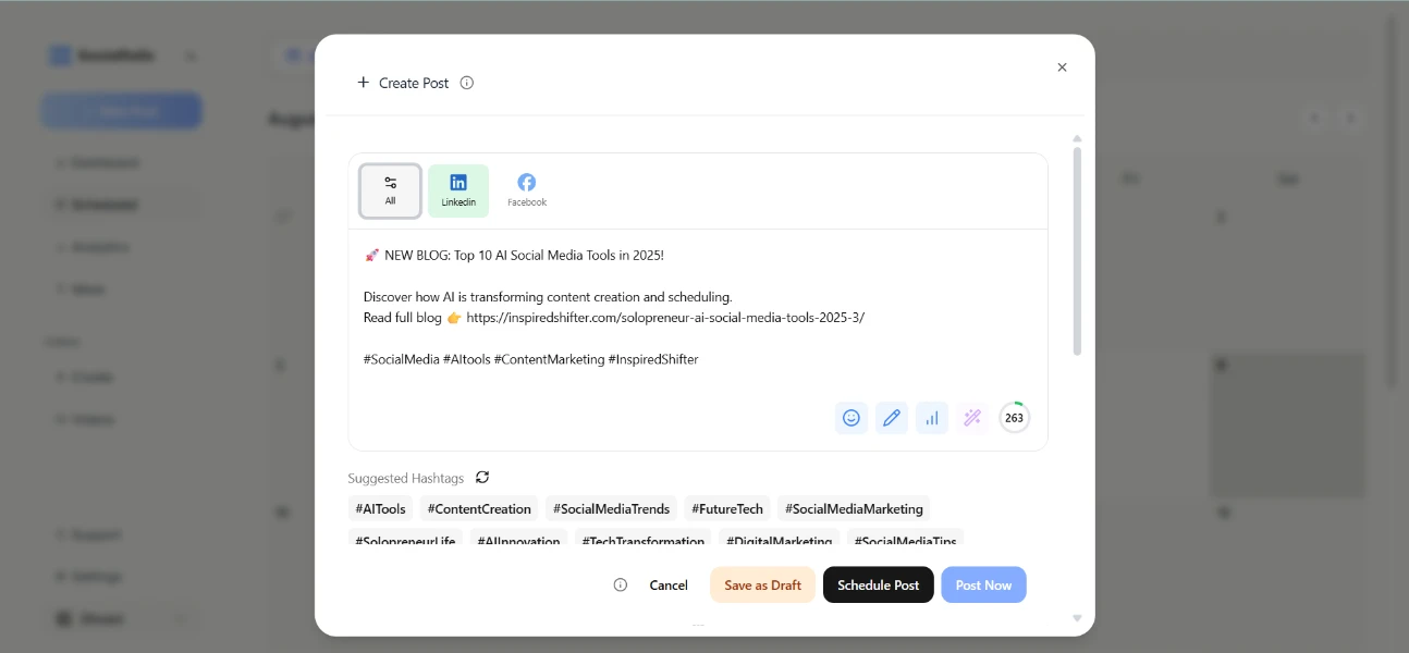 Scheduled posts calendar in AI social media tools for solopreneurs.