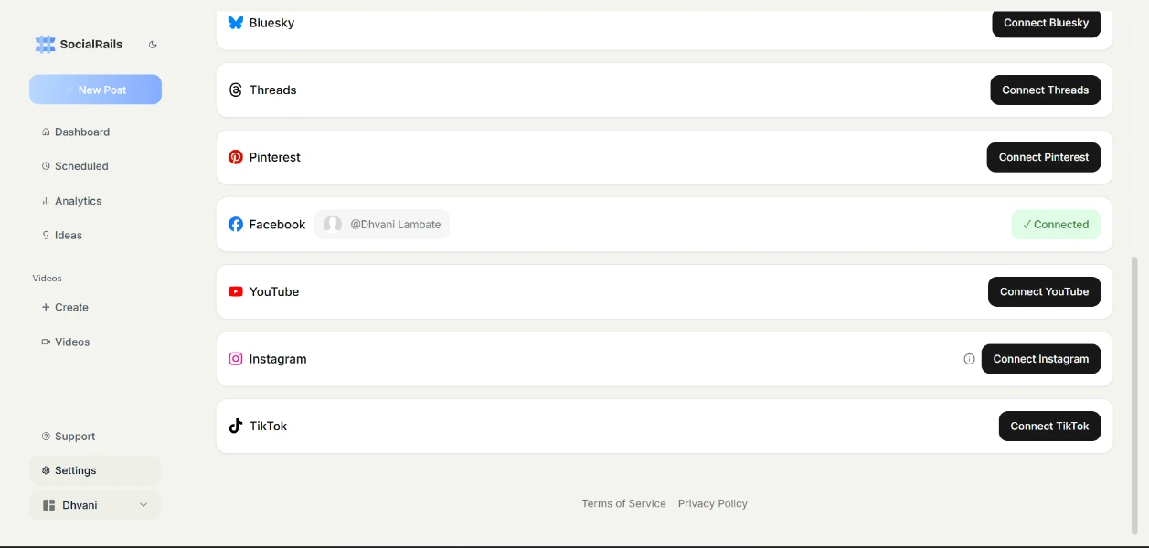 SocialRails settings showing available social media platforms including Instagram, TikTok, and YouTube.