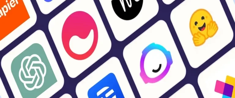 Logos of popular AI and productivity tools including ChatGPT, Zapier, Descript, Hugging Face, and more.