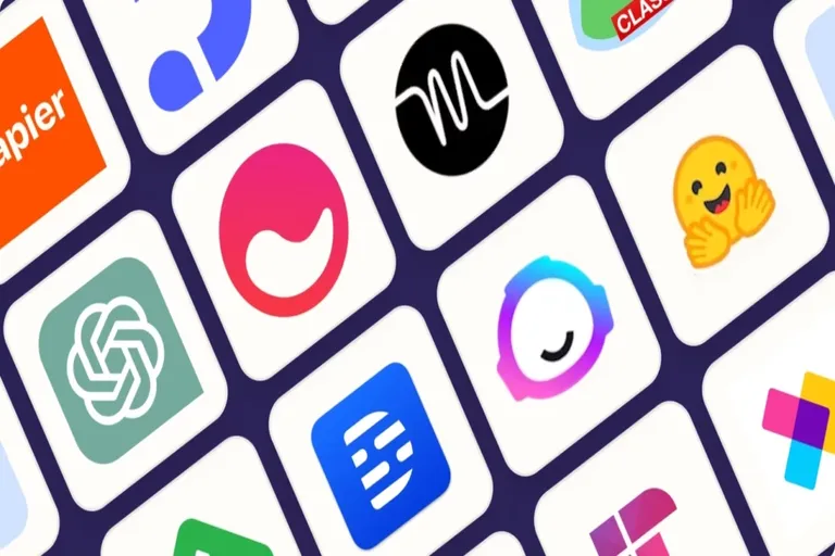 Logos of popular AI and productivity tools including ChatGPT, Zapier, Descript, Hugging Face, and more.