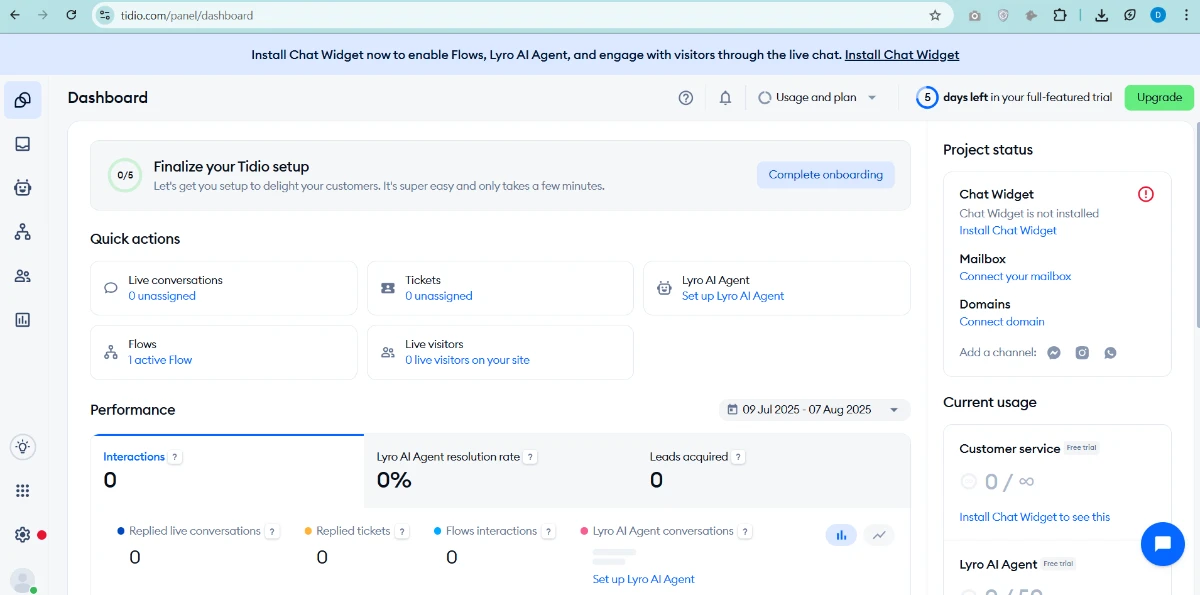 Tidio dashboard for AI Customer Service Chatbots showing live chat, flows, tickets, and analytics