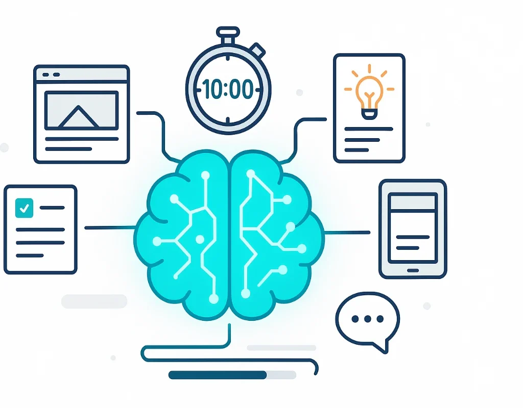 Illustration of artificial intelligence showing brain with technology icons, productivity tools, and 10-minute insights