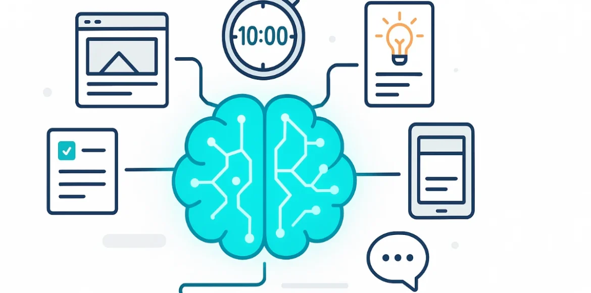 Illustration of artificial intelligence showing brain with technology icons, productivity tools, and 10-minute insights