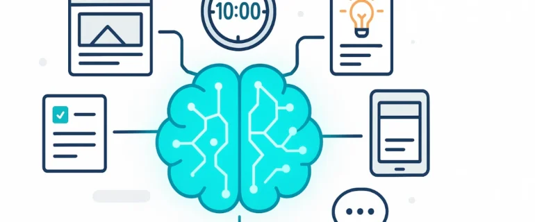 Illustration of artificial intelligence showing brain with technology icons, productivity tools, and 10-minute insights