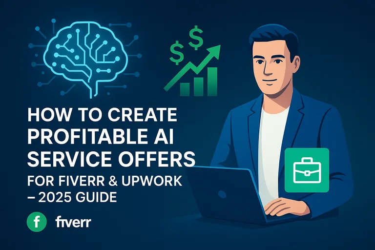 Modern illustration showing a freelancer at a laptop with AI brain graphics, growth charts, and Fiverr and Upwork icons, representing profitable AI service offers Fiverr and Upwork 2025 guide.