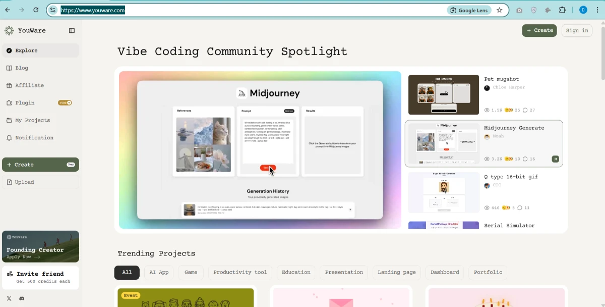 YouWare AI website builder showcasing coding community projects and AI app generation in 2025.