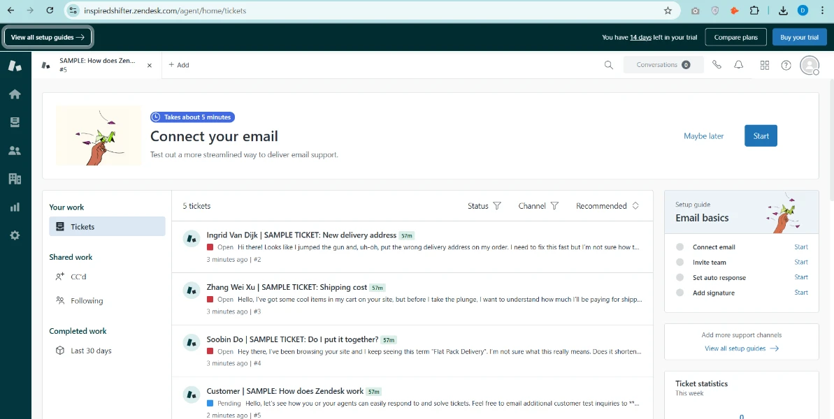Zendesk dashboard used for managing AI Customer Service Chatbots and support tickets