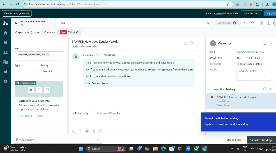 Zendesk ticket system for AI Customer Service Chatbots showing customer queries and agent replies