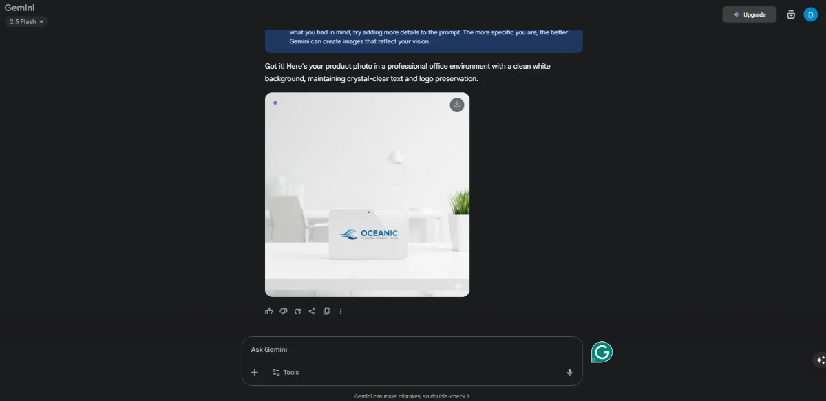 Product mockup photo with logo designed using Google AI image tools in a clean office setting.
