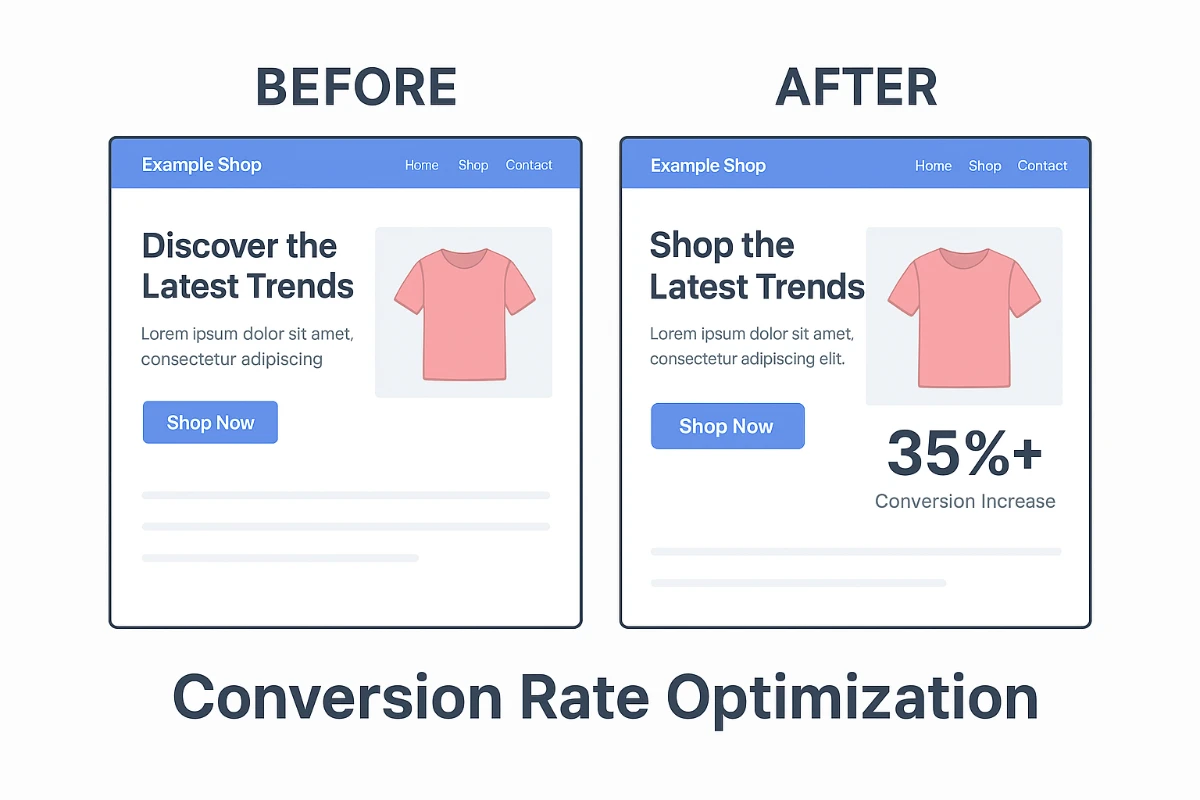 Before and after website example showing conversion rate optimization with ChatGPT-5 business applications, leading to a 35%+ increase in conversions.