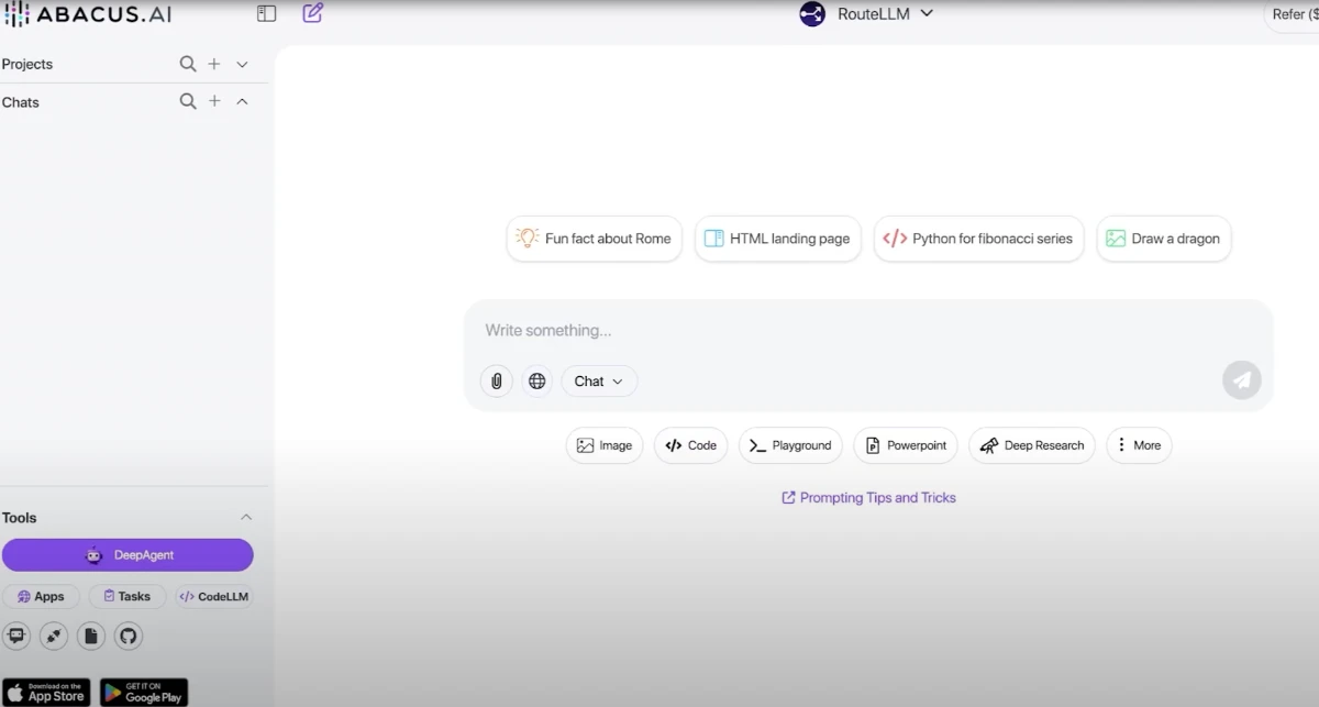 Abacus AI Review 2025 dashboard interface with chat, projects, and tools.